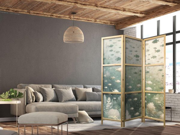 Japanese Room Divider - Fish and Diverse Vegetation - Grouping of Fish in Pastel Subdued Colors Among Oceanic Vegetation - Image 2
