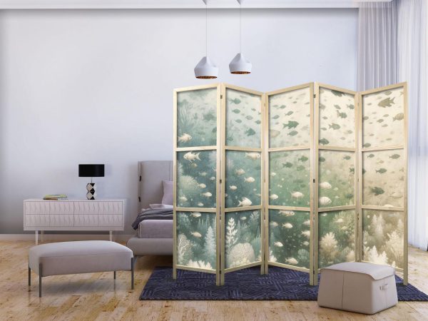 Japanese Room Divider - Fish and Diverse Vegetation - Grouping of Fish in Pastel Subdued Colors Among Oceanic Vegetation - Image 2