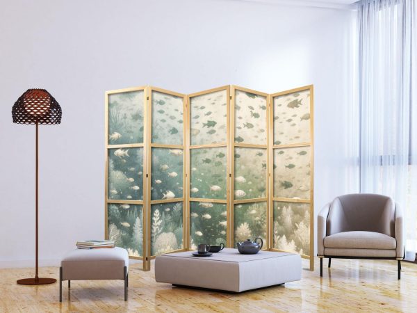 Japanese Room Divider - Fish and Diverse Vegetation - Grouping of Fish in Pastel Subdued Colors Among Oceanic Vegetation - Image 3