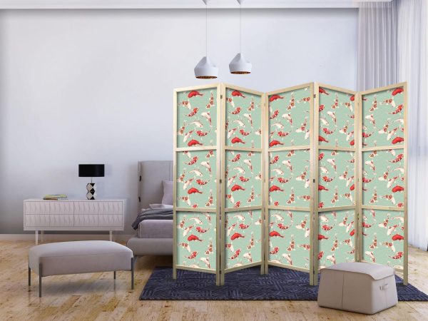 Japanese Room Divider - Fish and Japanese Pattern - Koi Fish in Orange-Cream Colors on a Green-Mint Background with an Oriental Pattern - Image 2