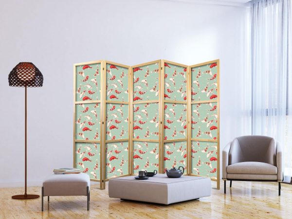 Japanese Room Divider - Fish and Japanese Pattern - Koi Fish in Orange-Cream Colors on a Green-Mint Background with an Oriental Pattern - Image 3