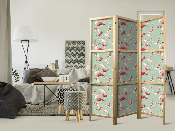 Japanese Room Divider - Fish and Japanese Pattern - Koi Fish in Orange-Cream Colors on a Green-Mint Background with an Oriental Pattern - Image 2