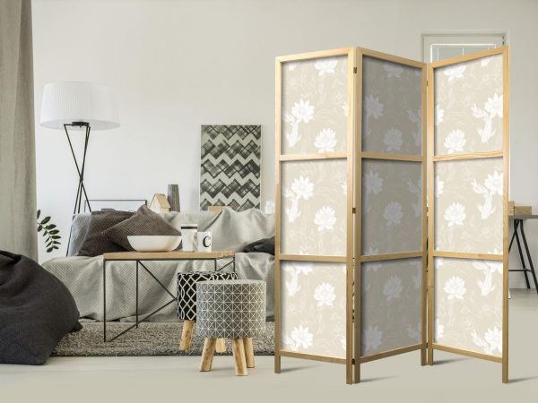 Japanese Room Divider - Fish and Water Lilies - Light Oriental Fish Swimming Among Water Flowers on a Delicate Sand-Beige Background - Image 2