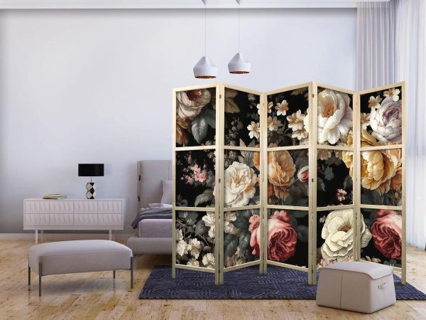 Japanese Room Divider - Floristry in Vintage Style - Huge Colorful Flowers on a Black Background