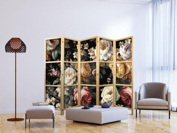 Japanese Room Divider - Floristry in Vintage Style - Huge Colorful Flowers on a Black Background