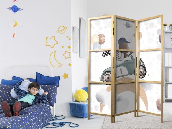 Japanese Room Divider - Galactic Races - Bear Participating in Car Races Among Planets - Clouds - and Stars in Pastel Colors - Image 2