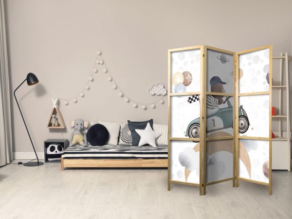 Japanese Room Divider - Galactic Races - Bear Participating in Car Races Among Planets - Clouds - and Stars in Pastel Colors - Image 3