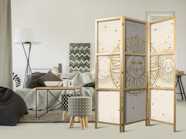 Japanese Room Divider - Golden Sun and Moon - Artistic Illustration in Retro Style - Image 2