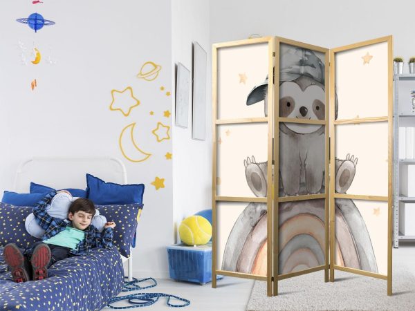 Japanese Room Divider - Happy Sloth - Sloth in muted colors - wearing a cap - sitting on a rainbow among the stars - Image 2