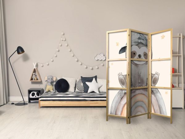 Japanese Room Divider - Happy Sloth - Sloth in muted colors - wearing a cap - sitting on a rainbow among the stars - Image 3