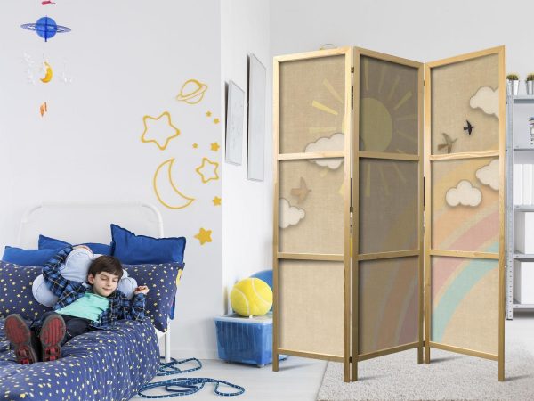 Japanese Room Divider - Holiday Sky - A Rainbow on a Sunny Day and Flying Birds