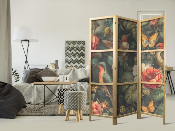 Japanese Room Divider - In the Botanical Garden - Flowers Birds and Butterflies - Colorful Illustration - Image 2