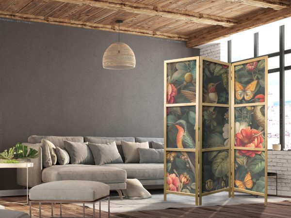 Japanese Room Divider - In the Botanical Garden - Flowers Birds and Butterflies - Colorful Illustration - Image 3
