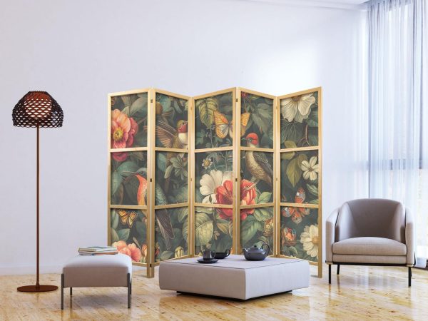 Japanese Room Divider - In the Botanical Garden - Flowers Birds and Butterflies - Colorful Illustration - Image 3
