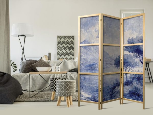 Japanese Room Divider - Italian Landscape - Lake Como Painted in Shades of Blue - Image 2