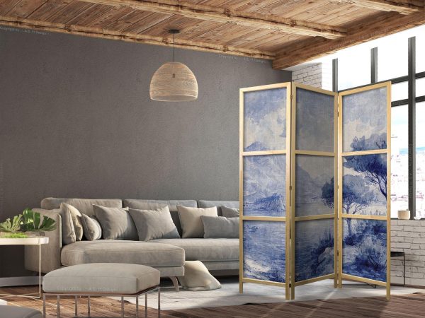Japanese Room Divider - Italian Landscape - Lake Como Painted in Shades of Blue - Image 3