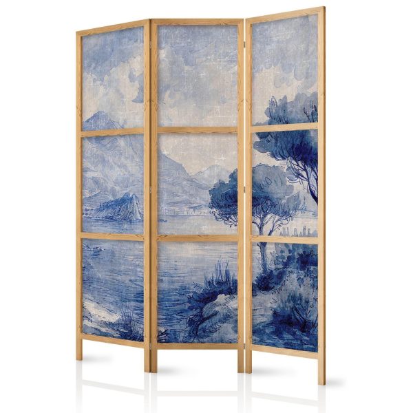 Japanese Room Divider - Italian Landscape - Lake Como Painted in Shades of Blue