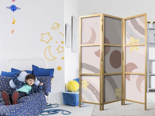 Japanese Room Divider - Joyful Sky - Yellow cheerful stars with a rainbow against the moon phases - in the sky colored light beige - Image 2