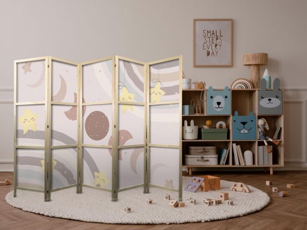 Japanese Room Divider - Joyful Sky - Yellow cheerful stars with a rainbow against the moon phases - in the sky colored light beige - Image 2