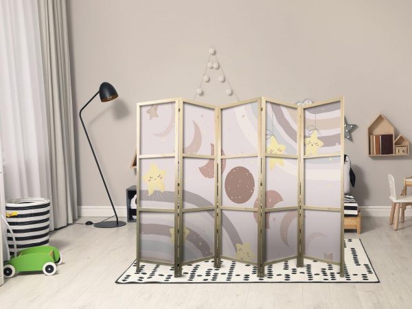 Japanese Room Divider - Joyful Sky - Yellow cheerful stars with a rainbow against the moon phases - in the sky colored light beige - Image 3