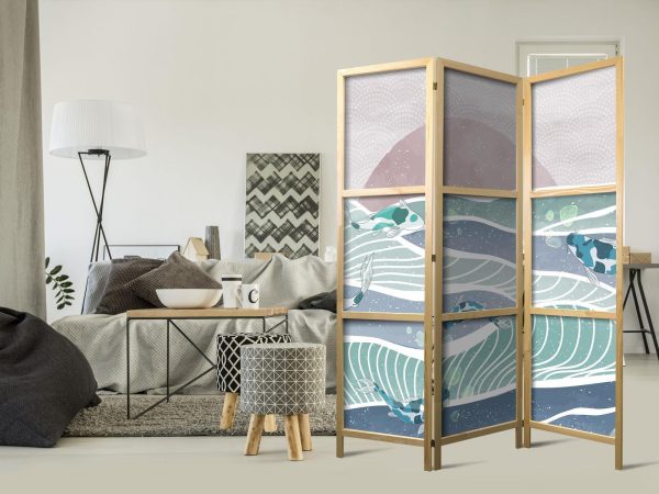 Japanese Room Divider - Koi Fish Among Waves - Japanese Fish Amidst Waves in Shades of Turquoise and White - Image 2