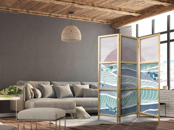Japanese Room Divider - Koi Fish Among Waves - Japanese Fish Amidst Waves in Shades of Turquoise and White - Image 3