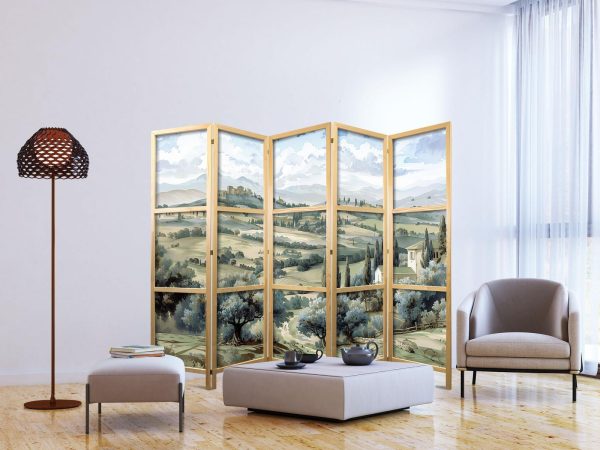 Japanese Room Divider - Landscape with Green Fields and Trees - Tuscan sunny view - Image 3