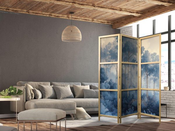 Japanese Room Divider - Landscape with Trees in Illustrative Style - Fairy-Tale Blue Forest - Image 3