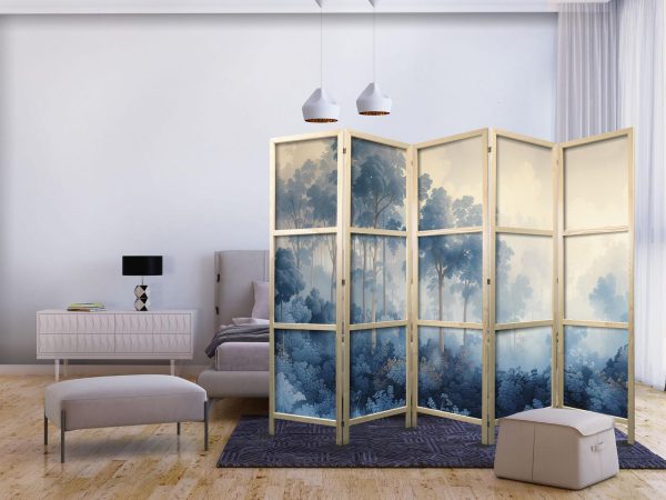Japanese Room Divider - Landscape with Trees in Illustrative Style - Fairy-Tale Blue Forest - Image 2
