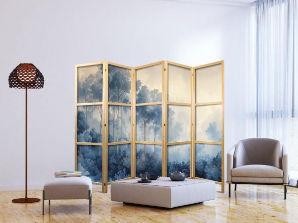 Japanese Room Divider - Landscape with Trees in Illustrative Style - Fairy-Tale Blue Forest - Image 3