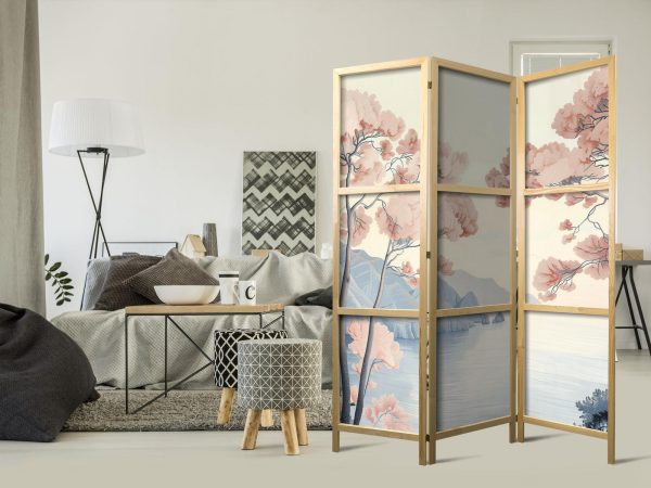 Japanese Room Divider - Landscape with the Ocean - Cliffs - and Trees in Delicate Pink Shades - Image 2