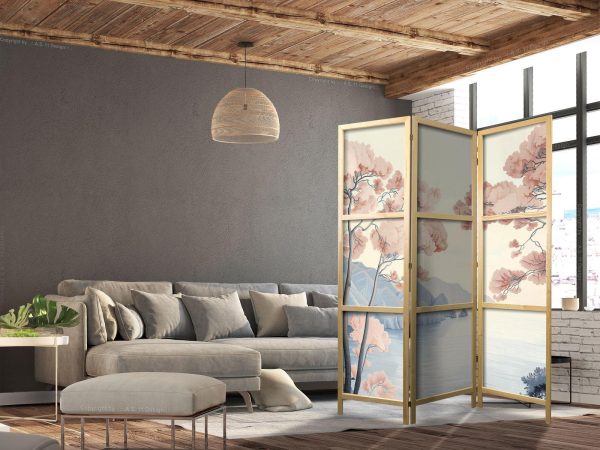 Japanese Room Divider - Landscape with the Ocean - Cliffs - and Trees in Delicate Pink Shades - Image 3
