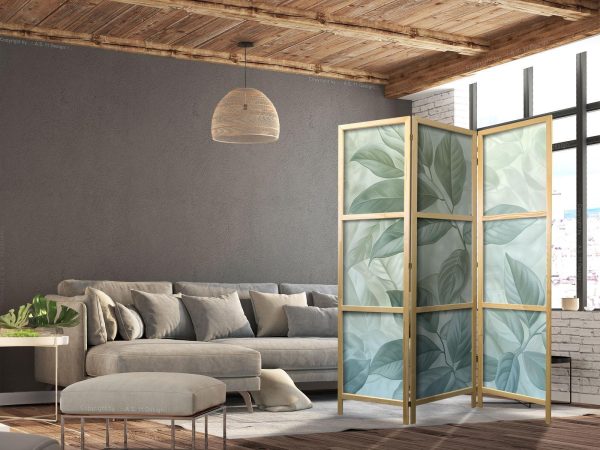Japanese Room Divider - Large Leaves in Green-Mint Shades - Botanical Motif - Image 2