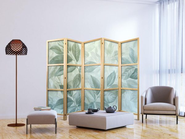 Japanese Room Divider - Large Leaves in Green-Mint Shades - Botanical Motif - Image 3