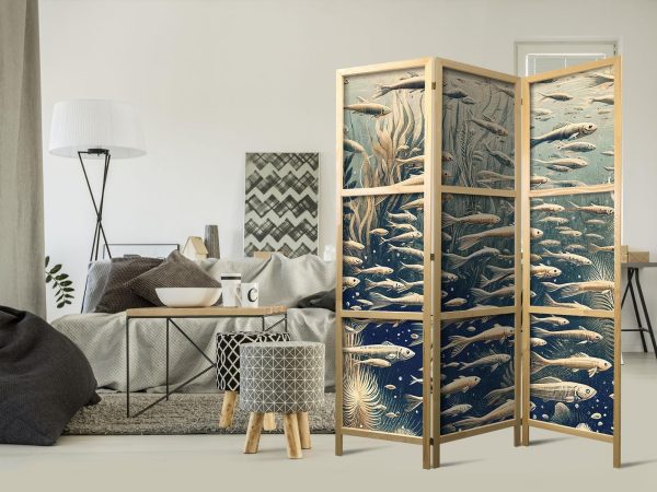 Japanese Room Divider - Life in the Ocean - Underwater World of Fish and Vegetation in Beige and Navy Retro Style - Image 2