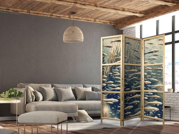 Japanese Room Divider - Life in the Ocean - Underwater World of Fish and Vegetation in Beige and Navy Retro Style - Image 3
