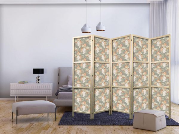 Japanese Room Divider - Little Bouquets - Exotic Flowers and Leaves on a Gray-Green Background - Image 2