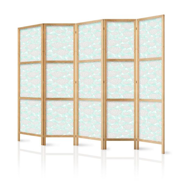 Japanese Room Divider - Minimalist Fish - Fishes From Grey Dots Against a Crystal Sheet of Water in Mint Green Colors