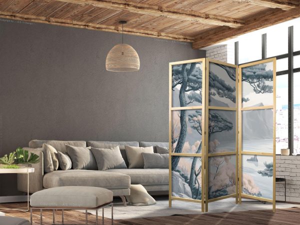 Japanese Room Divider - Mountainous Coastline with Trees and Rocks in Light Pastel Blues - Image 3