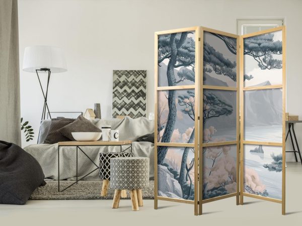 Japanese Room Divider - Mountainous Coastline with Trees and Rocks in Light Pastel Blues - Image 2