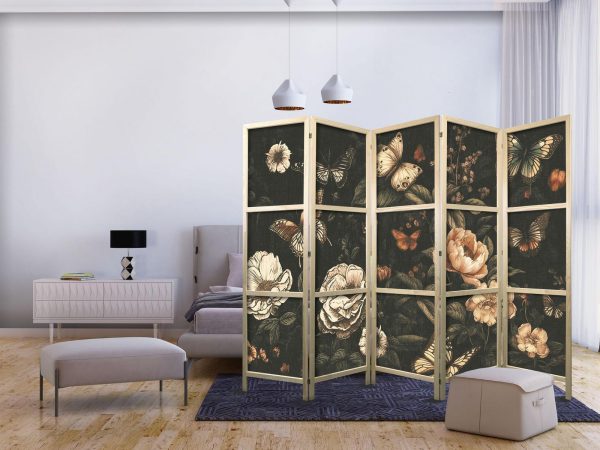 Japanese Room Divider - Mysterious Garden - Butterflies Flying Over Flowers - Rustic Evening - Image 2