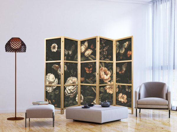 Japanese Room Divider - Mysterious Garden - Butterflies Flying Over Flowers - Rustic Evening - Image 3