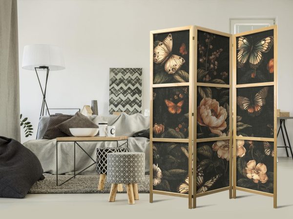 Japanese Room Divider - Mysterious Garden - Butterflies Flying Over Flowers - Rustic Evening - Image 2