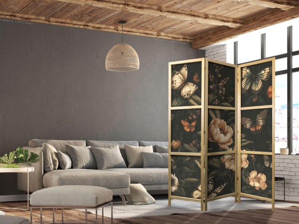 Japanese Room Divider - Mysterious Garden - Butterflies Flying Over Flowers - Rustic Evening - Image 3