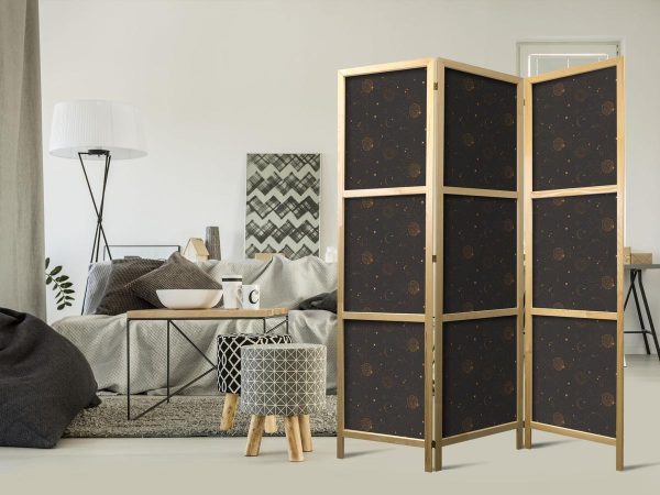 Japanese Room Divider - Night Sky - Artistic Composition of Suns and Planets on a Black Background