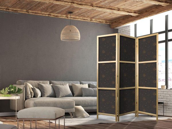 Japanese Room Divider - Night Sky - Artistic Composition of Suns and Planets on a Black Background