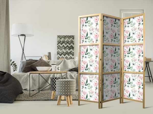 Japanese Room Divider - Peonies - Pink and White Flowers and Green Leaves on a White Background