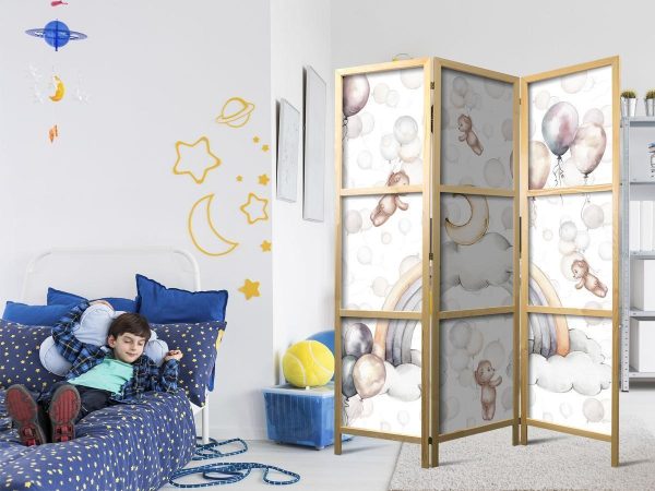 Japanese Room Divider - Plush Bears with Balloons - Flying Light-Brown Bears Among Balloons - Clouds - and Rainbows in Subdued - Pastel Colors