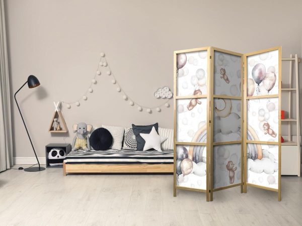 Japanese Room Divider - Plush Bears with Balloons - Flying Light-Brown Bears Among Balloons - Clouds - and Rainbows in Subdued - Pastel Colors