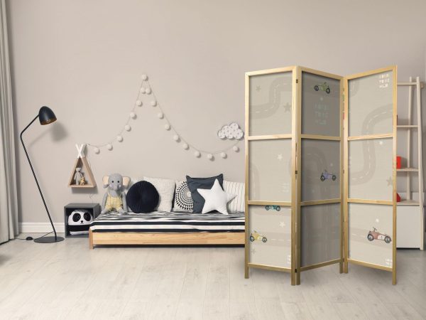 Japanese Room Divider - Race - Colorful cars on a road on a beige background with stars - Image 3
